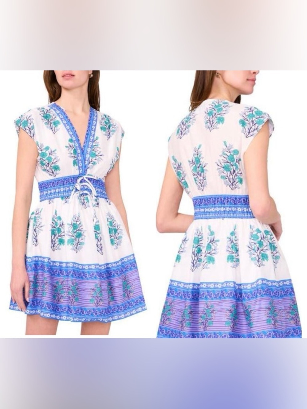 Cece Short Sleeve Lined Babydoll Bluefloral Dress